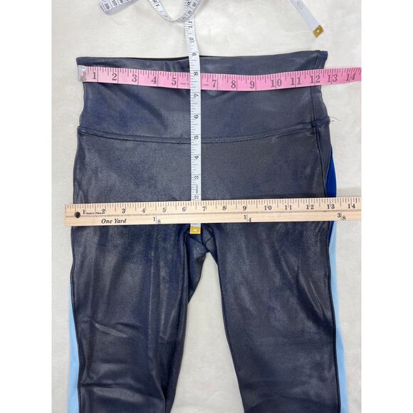 Spanx Faux Vegan Leather High Waist Blue Track Stripe Leggings Women's Small - Picture 10 of 11